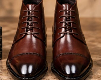 Handmade Burgundy Leather Ankle Boots, Cap Toe Dress Shoes, Formal Footwear