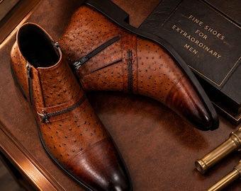 Bottines Chelsea en cuir d'autruche couleur cognac, fabriquées à la main – Chaussures habillées de luxe pour hommes