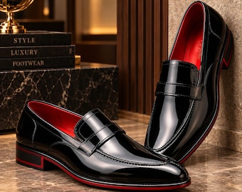 Handmade Black Patent Leather Penny Loafers, Luxury Slip-On Dress Shoes (Made to Order)