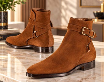 Handmade Brown Suede Chelsea Boots, Buckle Strap Dress Footwear
