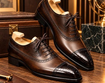 Handmade Brown Leather Wingtip Oxford Shoes, Cap Toe Brogue Dress Footwear