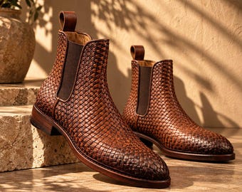 Handmade Brown Woven Leather Chelsea Boots, Basket Weave Ankle Boots for Men