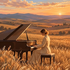 May include: A black grand piano sits in a golden wheat field at sunset. A person in a light beige blazer and long skirt sits on a matching piano bench, playing the keys. The scene features rolling hills and a bright orange sky with clouds.