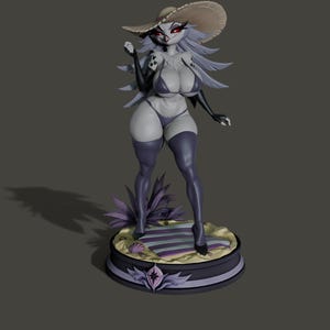 May include: A stylized anthropomorphic owl figurine with grey plumage, wearing a wide-brimmed straw hat, a dark purple bikini, and matching thigh-high boots. The character stands on a circular base featuring a sandy beach scene with a striped towel.