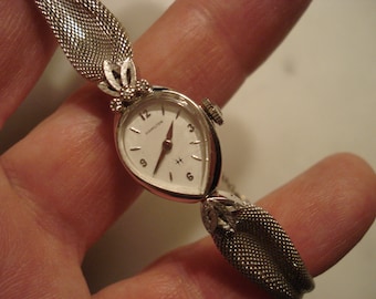 Hamilton 10K White Gold and Diamond Teardrop-Shaped Watch for Parts, Not Working, As is, Forstner Mesh Band 12k Gold filled