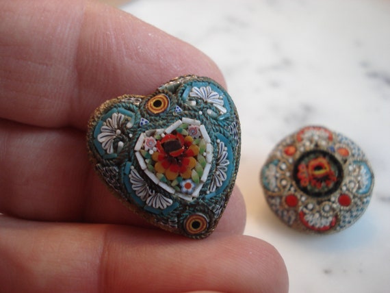 Antique Micro Mosaic Pins, Pair, Small Heart Shap… - image 9