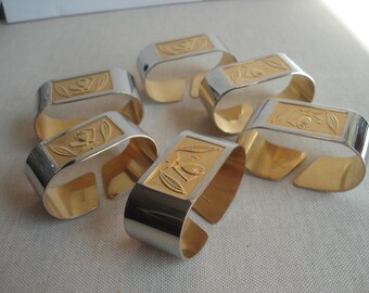 Mid Century Modern Gold and Silver Napkin Rings, Goldisil, Set of 6