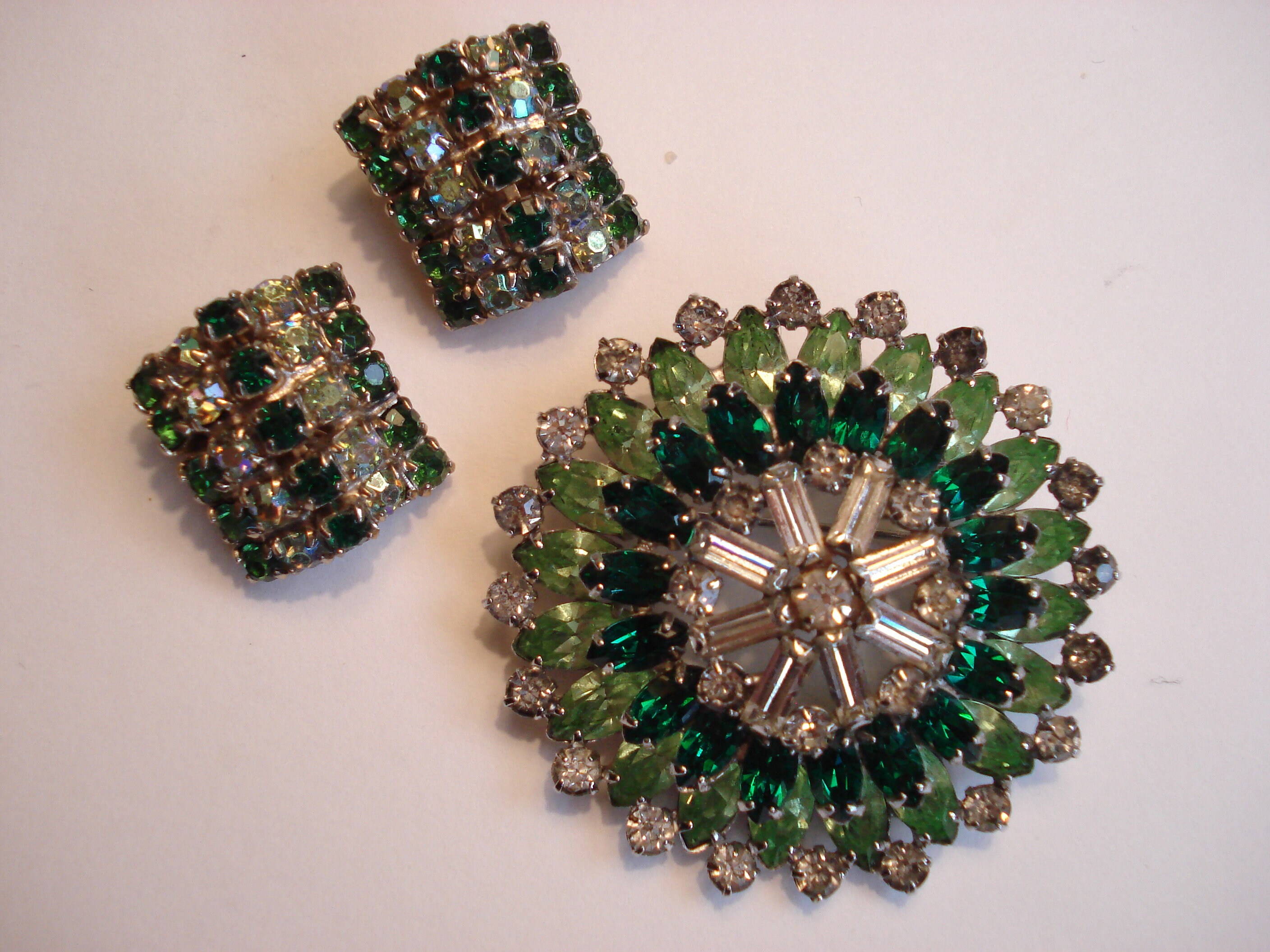 Signed Weiss Emerald Green Aurora Borealis and Emerald Green Rhinestone Clip Earrings!