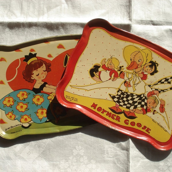 Ohio Art Co. Tin Trays, Queen or Hearts and Mother Goose, Pair, As is