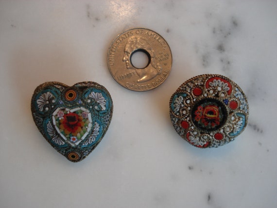 Antique Micro Mosaic Pins, Pair, Small Heart Shap… - image 10