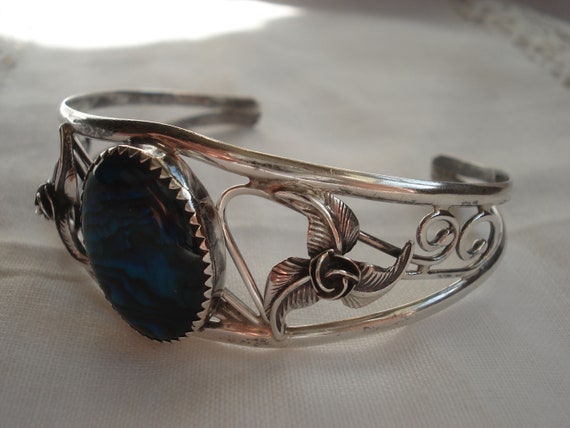 Sterling and Abalone Filigree Cuff Bracelet - image 2