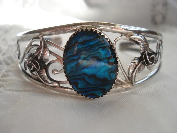 Sterling and Abalone Filigree Cuff Bracelet - image 4