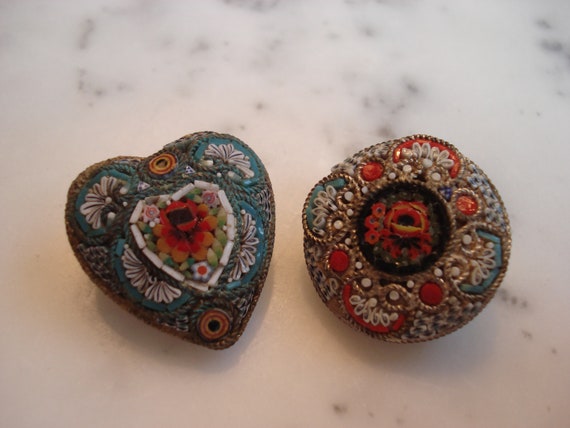 Antique Micro Mosaic Pins, Pair, Small Heart Shap… - image 1
