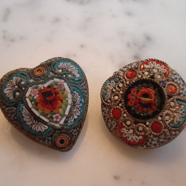 Antique Micro Mosaic Pins, Pair, Small Heart Shaped and Round