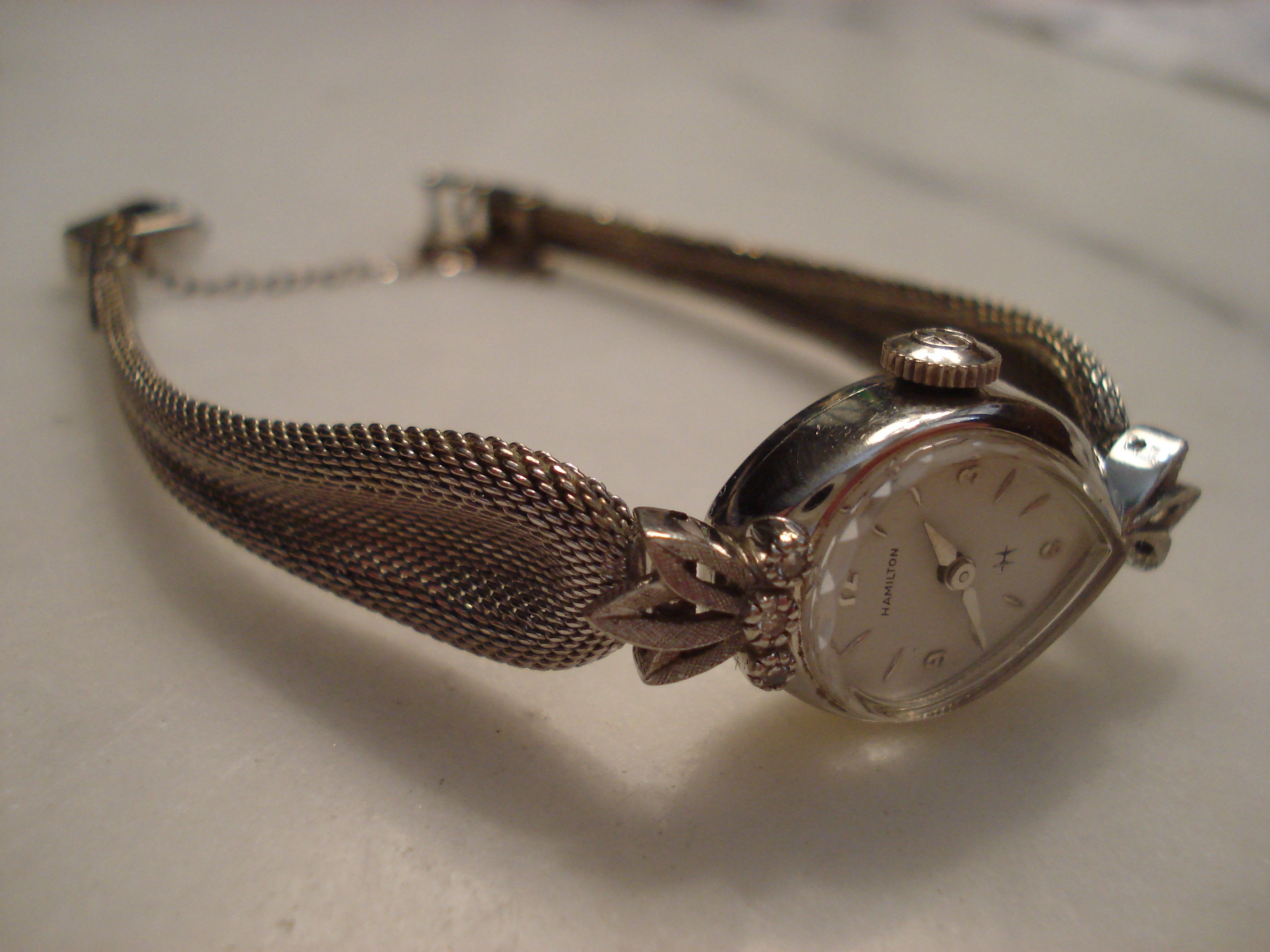 Hamilton 14k white gold filled panther link watch bracelet BROKEN self winding Vintage HAMILTON WATCH BAND/watch bracelet 10K GoldFilled  main image 3