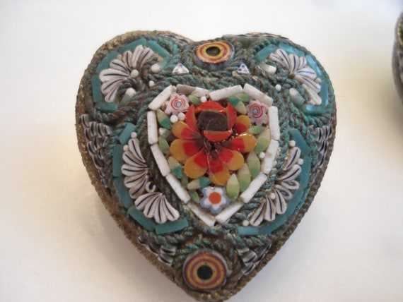 Antique Micro Mosaic Pins, Pair, Small Heart Shap… - image 2