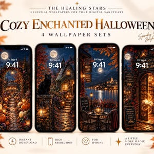Könnte beinhalten: Vier Smartphones mit digitalen Hintergrundbildern unter dem Titel Cozy Enchanted Halloween. Die Bildschirme zeigen herbstliche Szenen mit Kürbissen, einer schwarzen Katze, einem Café im Mondschein und einer Bibliothek. Text: The Healing Stars und Spooky Season Brighter Days.