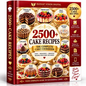 Puede incluir: Un libro de cocina de tapa dura roja titulado 2500+ Cake Recipes: The Complete Cake Cookbook. La portada presenta imágenes circulares de varios pasteles, incluyendo pasteles de chocolate, de queso, de frutas, de café, cupcakes y veganos.