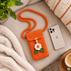 Mönster för virkad telefonväska i PDF-format, telefonväska med blommönster, axelrem för telefon, virkmönster för nybörjare, mobilrem