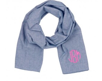 Chambray Scarf, Monogrammed Scarf, Monogrammed Chambray Scarf, Bridal Party Gift, Gifts For Her, Monogrammed Stocking Stuffer