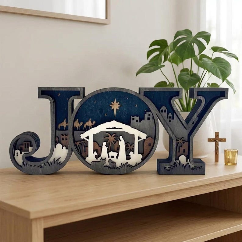 Rustic Nativity Background 3D Wooden Nativity Scene JOY Sign Layered Silhouette Holy Family ...
