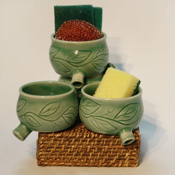 Sink Pot for draining scrubbies, Celadon Green w carved leaf vine