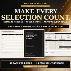 Kitchen & Bath Selections Planner, Printable Renovation Binder + Excel Workbook, Remodel Finish and Specification Tracker