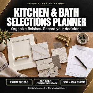May include: A Kitchen & Bath Selections Planner with text reading Benningham Interiors, Kitchen & Bath Selections Planner, Organize finishes. Record your decisions. Includes a white cabinet door, gold handle, stone tiles, wood sample, gold faucet, and planner pages.