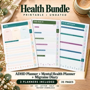 Op de afbeelding: Een printbare gezondheidsbundel met drie ongedateerde plannerpagina's getiteld Today, Daily check-in en For my appointment. De pagina's bevatten secties voor prioriteiten, dagelijkse tracking en afsprakennotities in een kleurenpalet van groenblauw, roze en crème.