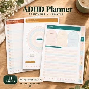 May include: An ADHD planner printable undated set featuring three pages with time blocking, habit tracker, and daily task sections. The pages include pastel colored headers, circular habit charts, and priority boxes with text labels like Today and 11 Pages.