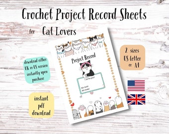 Cat Lover's Crochet Project Record * 7 pages * Fun and Cute * PDF* Letter & A4 sizes * USA/UK * Keep track of your wips easily