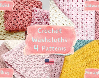 Easy Crochet Dishcloth Pattern Bundle. 4 Patterns included. PDF instant download. USA standard crochet terms.