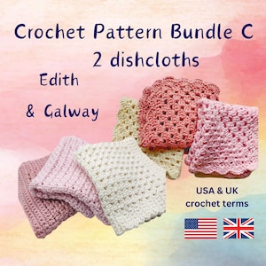Puede incluir: Paquete de patrones de crochet C para dos paños de cocina, llamados Edith y Galway. El patrón incluye instrucciones en términos de crochet de EE. UU. y Reino Unido. Los paños de cocina se muestran en rosa, blanco y crema.