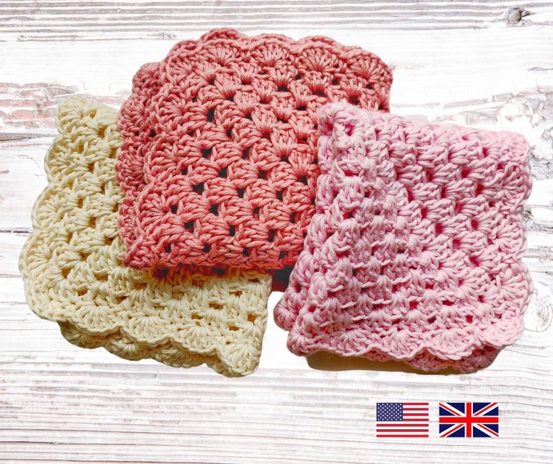 Crochet Washcloth Pattern in a Granny Square Design includes US & UK pdf versions Easy crochet dishcloth pattern Tawashi pattern image 1