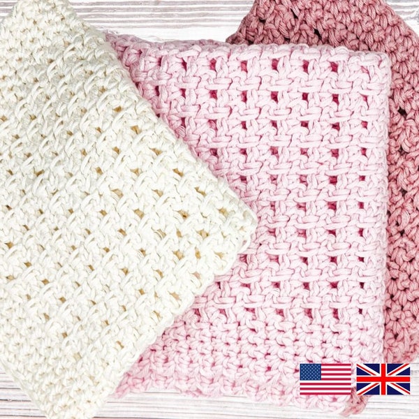 Easy Dishcloth Crochet Pattern: Intricate with basic stitches + photos. Ink saving / expert version also available * USA & UK * Tawashi