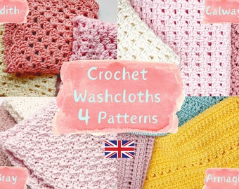 Easy Crochet Dishcloth Pattern Bundle. 4 Patterns included. PDF instant download. UK standard crochet terms.