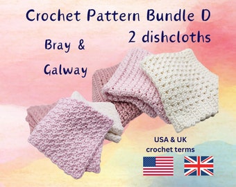 Easy Crochet Pattern Bundle of 2 Dishcloths. Modern Washcloth. USA + UK terms. Beginner & Advanced Beginner. Instant pdf download *Bundle D*