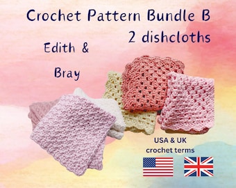 Easy Crochet Dishcloth Pattern Bundle. 2 pretty washcloth patterns. Available USA + UK terms. Level: 'Easy'. Instant pdf download *Bundle B*