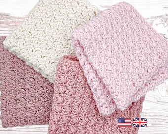 Crochet dishcloth pattern, easy to make with simple stitches. Cute as a baby washcloth pattern too. USA + UK terms.