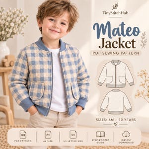 Può includere: Un cartamodello PDF per la giacca Mateo, che presenta un bomber trapuntato a quadri blu e beige con cerniera frontale, polsini a coste e tasche. Il documento include disegni tecnici, taglie da 6M a 10 anni e icone per i formati A4 e US letter.