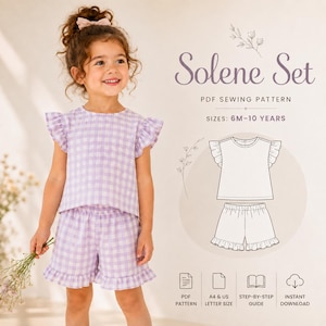 May include: A PDF sewing pattern for the Solene Set, featuring a light purple and white gingham top with flutter sleeves and matching shorts with ruffled hems. The text reads Solene Set, PDF Sewing Pattern, Sizes: 6M-10 Years, PDF Pattern, A4 & US Letter Size, Step-by-Step Guide, Instant Download.