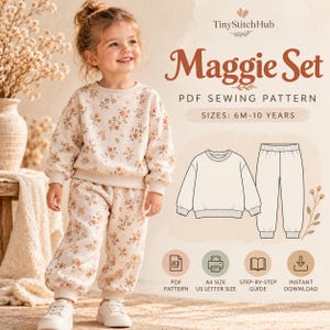 May include: A PDF sewing pattern for the Maggie Set, featuring a long-sleeve sweatshirt and pants with a floral print. The pattern includes sizes 6M-10 years, A4 and US letter size options, a step-by-step guide, and instant download capability.