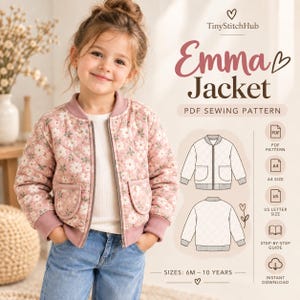 Könnte beinhalten: Ein PDF-Schnittmuster für die Emma-Jacke, bestehend aus einer gesteppten rosa Jacke mit weißem Blumenmuster, gerippten Bündchen und zwei Vordertaschen. Die digitale Datei enthält A4- und US-Letter-Formate, eine Schritt-für-Schritt-Anleitung für Größen 6M-10J.