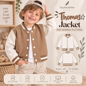 May include: A PDF sewing pattern for a Thomas Jacket by TinyStitchHub. The design features a two-tone varsity-style jacket with a brown body, cream sleeves, and striped ribbed cuffs. Includes sizes 6M to 10 years, A4 and US letter formats.