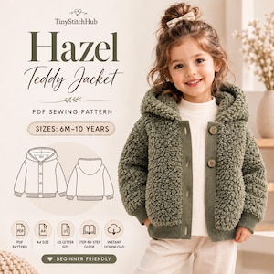 Puede incluir: Un patrón de costura en PDF para una chaqueta Hazel Teddy, tallas de 6 meses a 10 años. La imagen muestra el texto TinyStitchHub, Hazel Teddy Jacket, PDF SEWING PATTERN, SIZES: 6M-10 YEARS, PDF PATTERN, A4 SIZE, US LETTER SIZE, STEP-BY-STEP GUIDE, INSTANT DOWNLOAD.