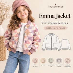 Puede incluir: Un patrón de costura en PDF para la chaqueta Emma de TinyStitchHub, tallas de 6 meses a 10 años. La imagen muestra una chaqueta acolchada con un patrón de triángulos rosas, morados y blancos, cremallera y puños acanalados, junto a un dibujo técnico.