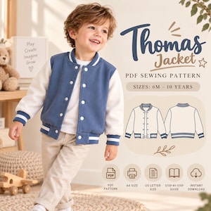 May include: A PDF sewing pattern for a Thomas Jacket, featuring a blue and white varsity-style design with snap buttons. The digital file includes instructions for sizes 6M to 10 years, with A4 and US Letter size options for instant download.