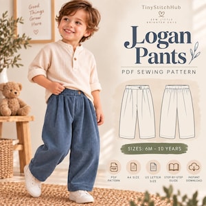 May include: A digital product listing for Logan Pants PDF sewing pattern by TinyStitchHub. The image displays a child wearing blue corduroy trousers and a cream-coloured long-sleeve shirt, alongside a technical line drawing of the trousers design.