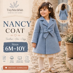 Può includere: Un cartamodello per il cappotto Nancy di TinyStitchHub, caratterizzato da un cappotto azzurro con colletto a revers, maniche lunghe e un fiocco in vita. Il modello include le taglie 6M-10Y, formato PDF, stampa A4/US e istruzioni passo-passo.