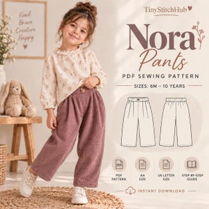 Puede incluir: Un patrón de costura en PDF para los pantalones Nora de TinyStitchHub, con tallas de 6 meses a 10 años. El documento incluye dibujos técnicos de los pantalones, iconos para formatos A4 y US Letter, una guía paso a paso y una etiqueta de descarga.